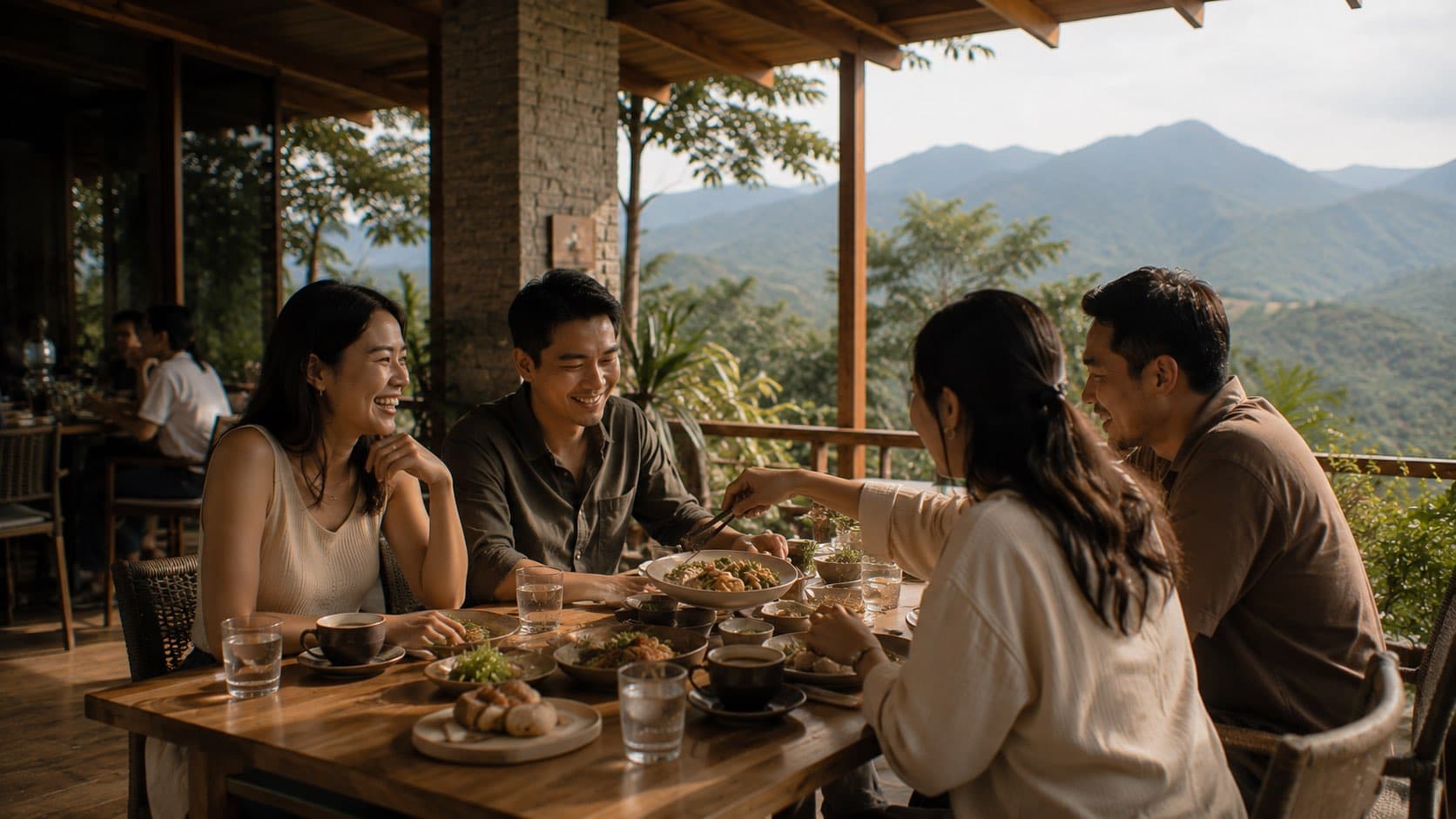 Friends enjoying a relaxed shared meal together on The Horizon terrace.
