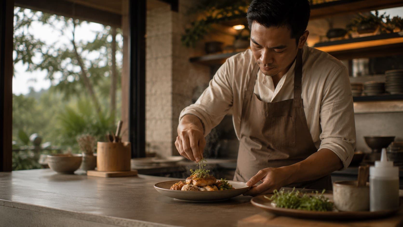 A cook carefully finishing a contemporary Filipino-inspired dish at The Horizon kitchen pass.