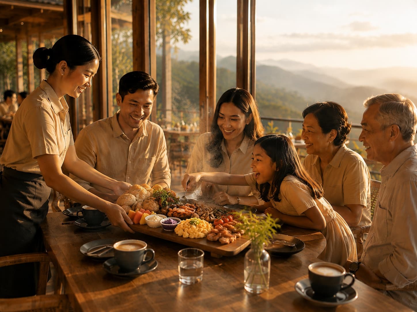 A family sharing a thoughtfully prepared meal together at The Horizon Café.