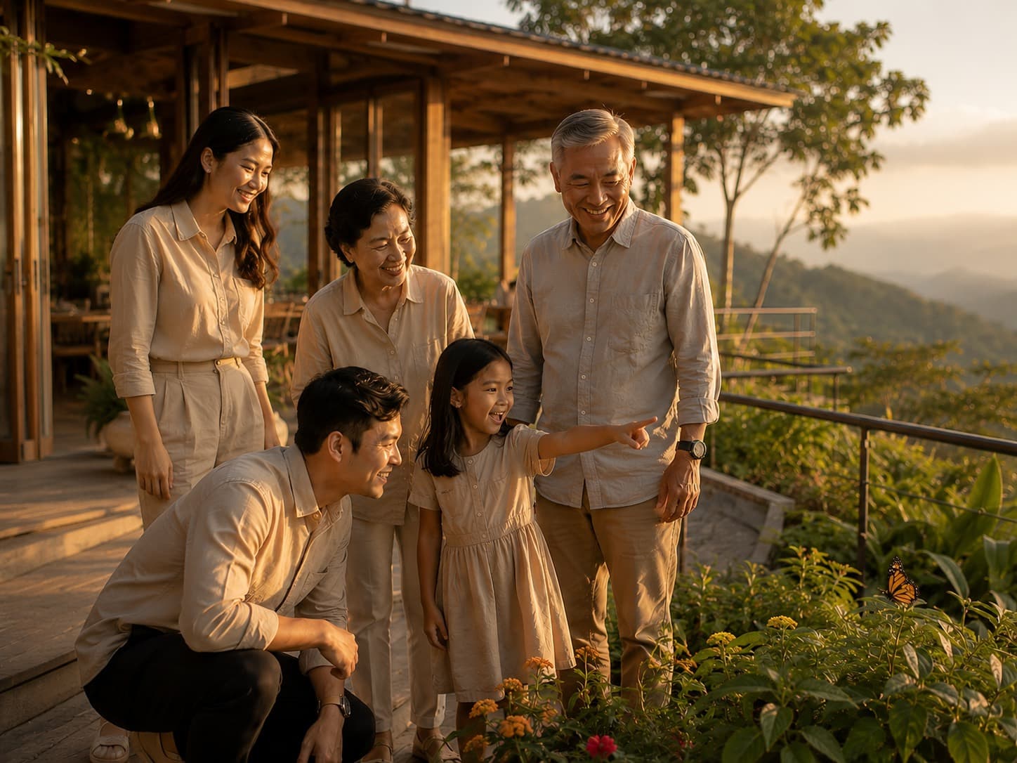A family enjoying time together on the outdoor terrace after their meal.
