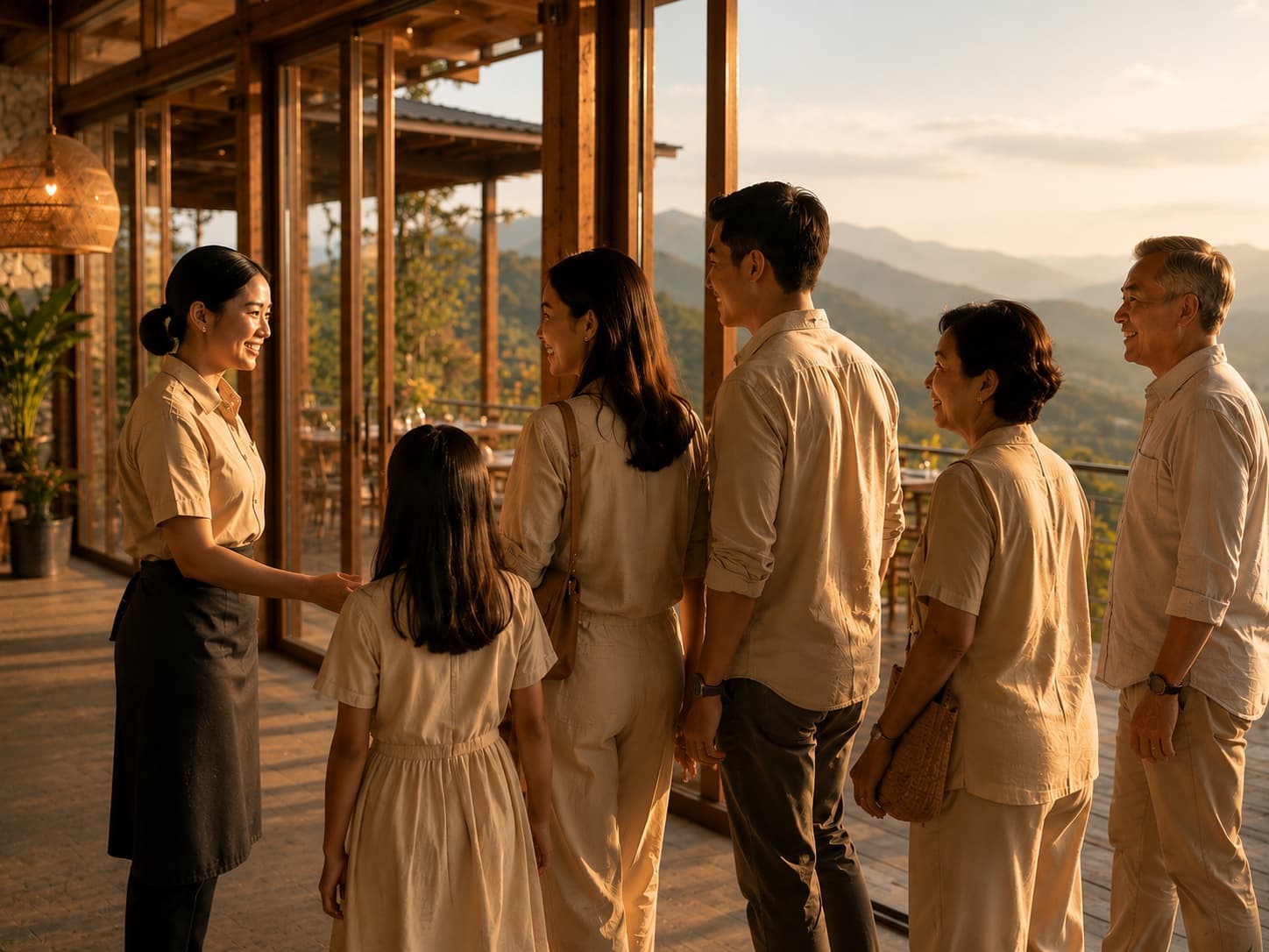 A family being warmly welcomed into The Horizon Café with the mountain view in the background.